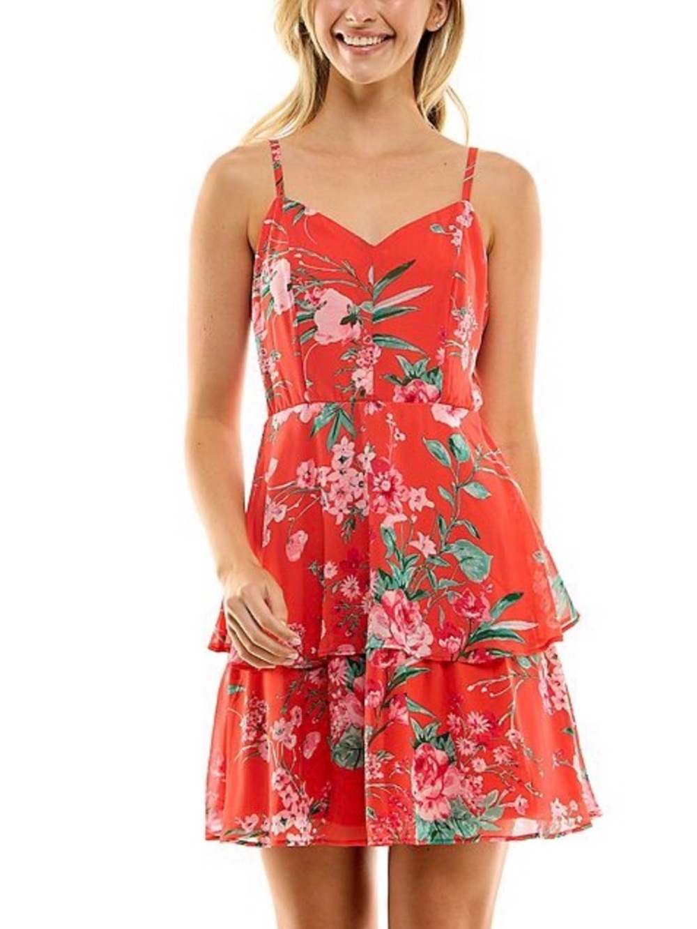 Lily Rose Red Floral Tiered Adjustable Spaghetti-Strap Mini Dress Junior XL